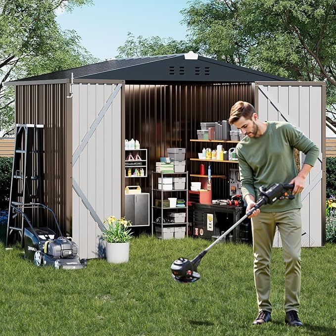 COMHOMA Shed Outdoor Storage Shed Metal,Lockable Doors Tool Sheds with Sloping Roof,Steel Garden Shed with Air Vent for Backyard,Patio,Lawn,Poolside (Brown, 8'*6')