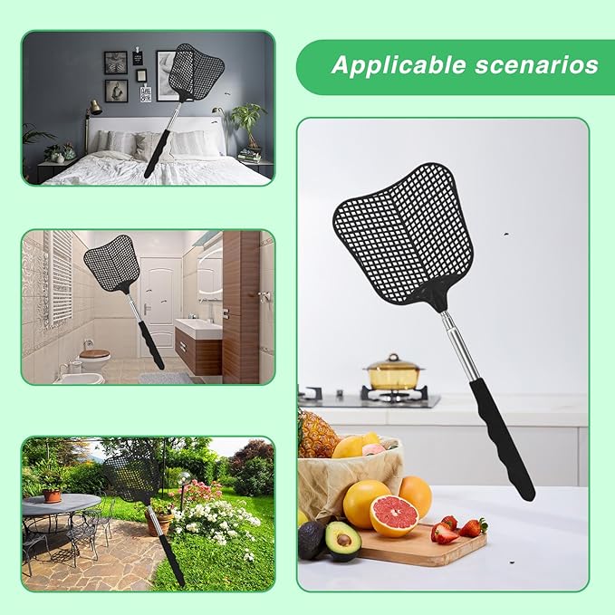 Fly Swatter 2 Pack, Durable Heavy Duty Plastic Fly Swatters, Stainless Steel Telescopic FlySwatter for Indoors/Outdoor/Kitchen/Garden (Black+Black)