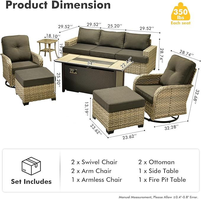 HOOOWOOO Outdoor Sectional Patio Furniture Set with Fire Pit Table,9 Pieces Wicker Conversation Sets,Extra Deep Out Door Sofa Outside Furniture Couch Swivel Chairs Ottoman,Black