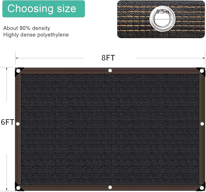 QNLONG Shade Cloth for Garden, 90% Black Shade Net Mesh Tarp with Grommets Sun Shade Cover Tear Resistance for Plants Greenhouse Chicken Coop Vegetables Pergola 6X8FT