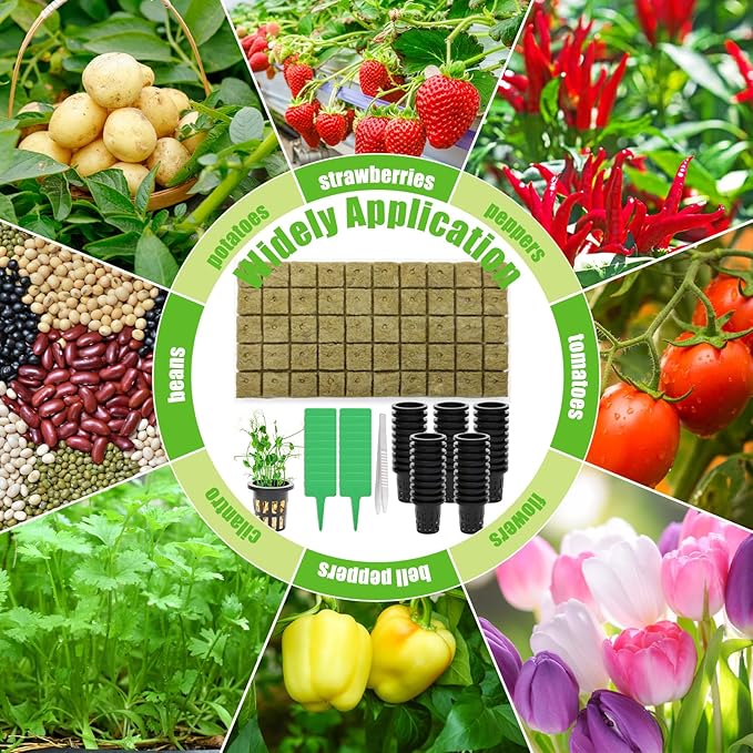 Windspeed 120Pcs Rockwool Planting Cubes Set 1 Inch, Rock Wool Seed Starter Cubes Set for Rooting Starting Seeds Include 50P Rockwool Cubes 50P 1.5 in Hydroponics Basket 20 Plant Tags 1 Tweezers