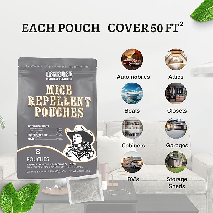 Mouse Repellent Pouches: Naturally Repel Mice with Peppermint Oil from Nesting & Keep Rodents Out of Car/Garage/RV - Extra-Strength Rodent Deterrent