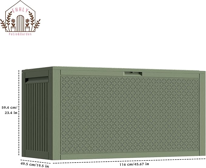 90 Gallon Outdoor Storage Box, Lockable Outside Storage Box Waterproof, Patio Cushions Deck Storage Boxes, Rattan Plastic Garden Hose Containers Resin Pool Storage Bins with lids, Sage Green