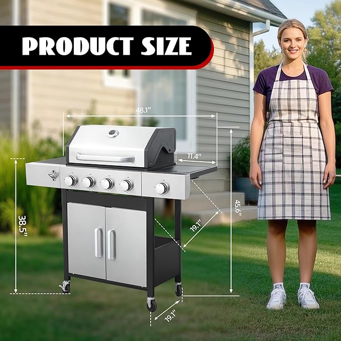 4-Burner Propane Gas Grill with Side Burner, 46,000 BTU Outdoor BBQ Grill with Porcelain-Enameled Cast Iron Grates and Griddle Pan, Built-in Thermometer Stainless Steel Grill for Outdoor Cooking