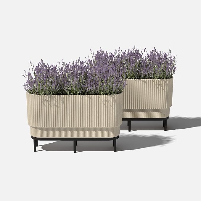 Veradek Demi Series Raised Long Planter for Indoor/Outdoor Use | Made from Plastic & Stone w/Wooden Stand | Modern Patio Décor for Flowers/Shrubs