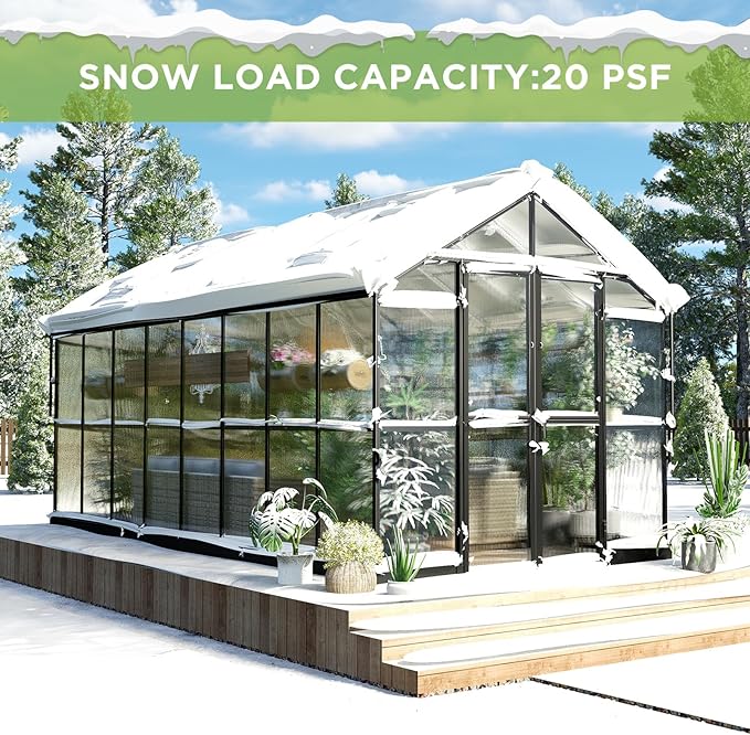 HOWE 8x16x7.5 FT Polycarbonate Greenhouse with Swing Doors, 4 Vents, 5.2FT Added Wall Height, Walk-in Large Aluminum Greenhouse for Outdoors, Black