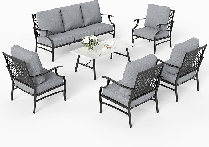 6 Piece Metal Outdoor Patio Furniture Set, Patio Conversation Sets 1 3-Seater Sofa, 4 Fixed Chairs with 5.75" Thick Cushion and Coffee Table, Backyard Furniture Set for Deck, Gray