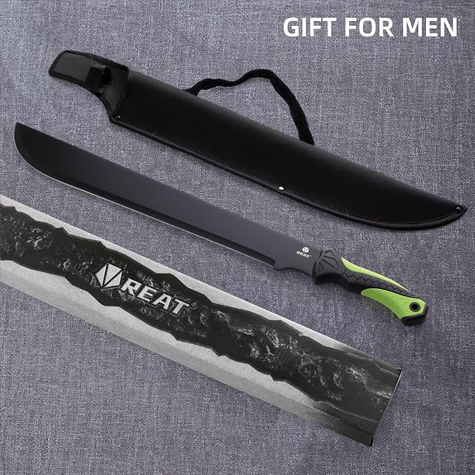 REAT Gardening Heavy Duty Machete,24" Full Tang Machete with Shaeth,Ergonomic No-Slip Handle,Machetes for Bushcraft, Outdoor Hunting, Garden Cutting Trees and Yard Work (Green)
