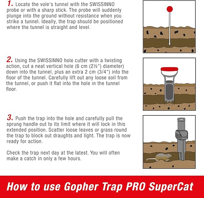 SWISSINNO Gopher & Vole Trap PRO SuperCat – 1 Tunnel Traps + 1 Install Kit – Dual Trigger Action for Voles & Field Mice – Easy Setup, Reusable, Made in Europe