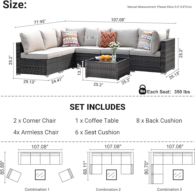 HOOOWOOO 7 Piece Patio Sectional Furniture Set,Modern Wicker Outdoor Conversation Sofa Sets,Weather Resistant Modular L Shaped Outside Couch Table Set(Beige)