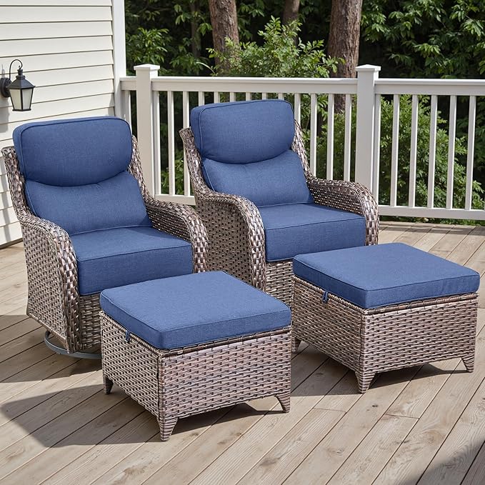 Wicker Outdoor Patio Furniture Set - 4 Piece Patio Conversation Set with Swivel Rocker Chairs and Ottomans, 6 inch Cushions, High Back, Deep Seating, for Porch Deck Garden Brown/Blue