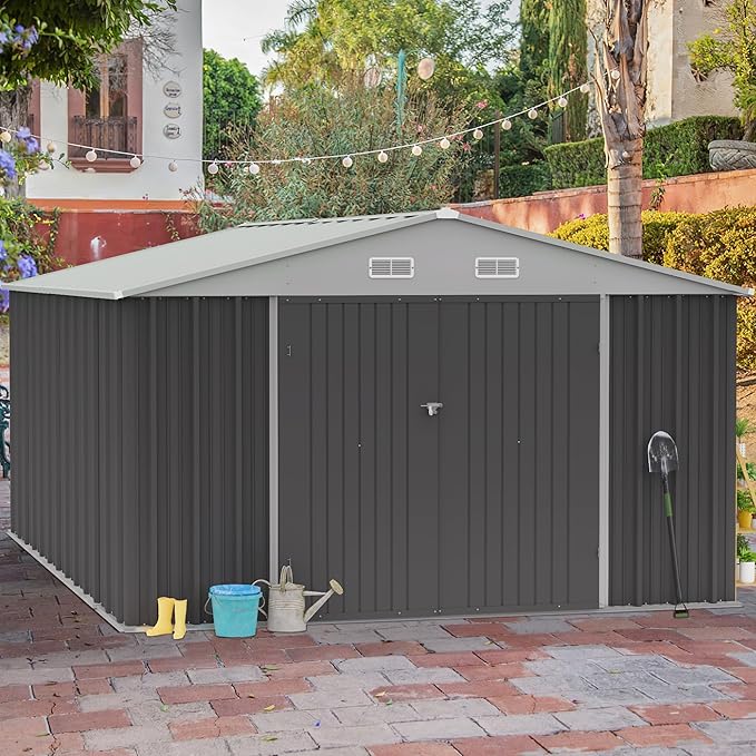 GUNJI 10 x 10 FT Shed Outdoor Storage Shed Metal Garden Shed with Lockable Door Outside Waterproof Tool Shed for Backyard, Patio, Lawn (Gray)