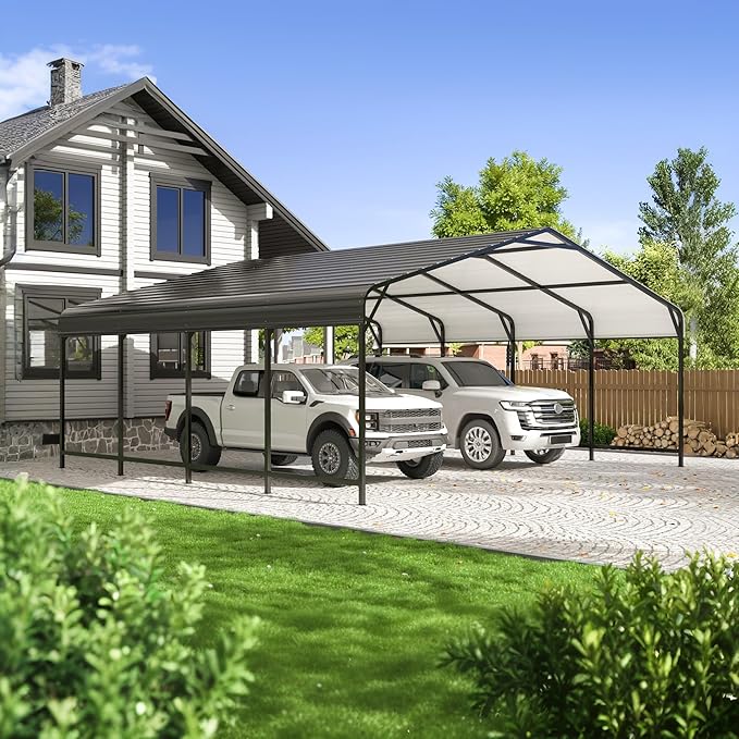 20x20 FT Metal Carport, Enhanced Base and Steel Roof for All-Weather Use, Outdoor Heavy Duty Garage Galvanized Car Shelter for Bass Boats, Full-Sized Pickup Trucks, and Tractors