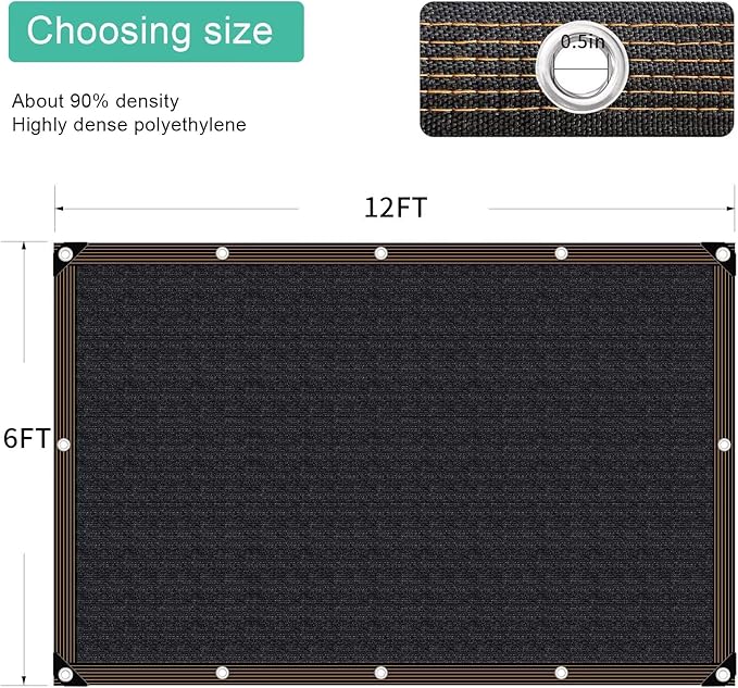 QNLONG Shade Cloth for Garden, 90% Black Shade Net Mesh Tarp with Grommets Sun Shade Cover Tear Resistance for Plants Greenhouse Chicken Coop Vegetables Pergola 6X12FT