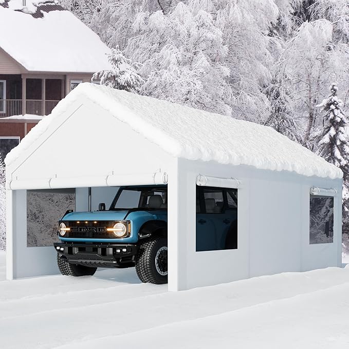 Nuturelly 10x20 FT Carport,Heavy Duty Carport Canopy with Roll-up Windows, Portable Garage with Removable Sidewalls & Doors, Car Canopy with All-Season PE Tarp for Car, Truck, Boat(White)