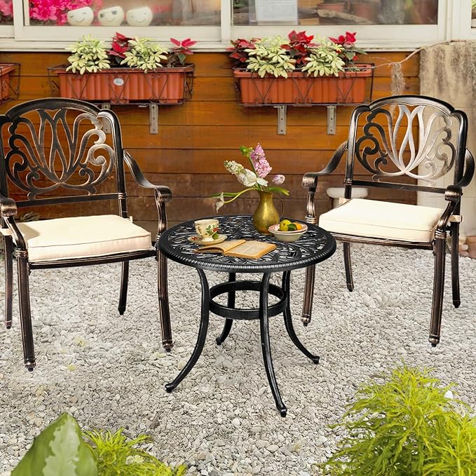 Outvita Patio Side Table, 23.6in Outdoor Round Cast Aluminum Bistro Table with Umbrella Hole and Antique Design for Backyard Porch Pool Balcony Deck Black