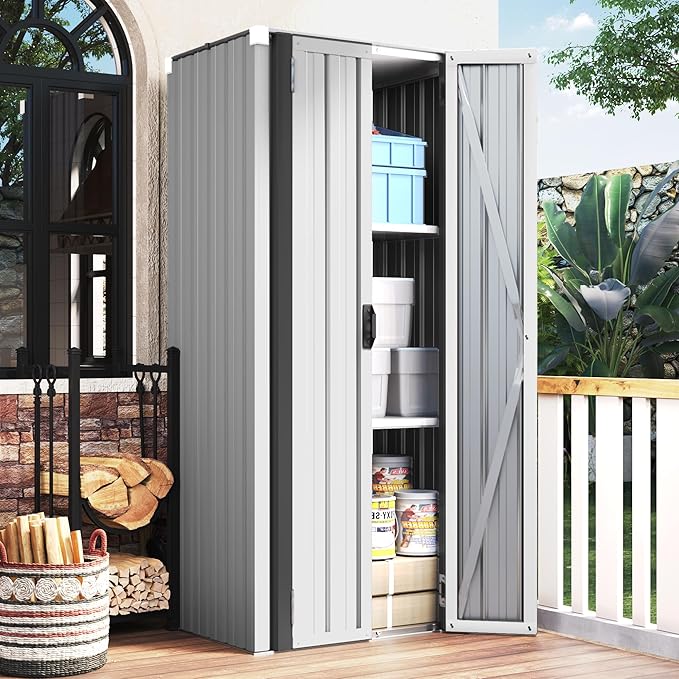 AECOJOY Outdoor Storage Cabinet Waterproof with Shelves, Vertical Tall Outdoor Cabinet Weatherproof, Garden Sheds & Outdoor Storage Clearance Cabinet Storage for Outside in White
