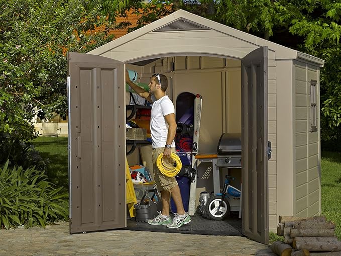 Keter Factor (8x6 ft) Large Resin Outdoor Storage Shed for Patio Furniture, Lawn Mower, Garden Accessories Yard Tools, and Pool Toys, Taupe