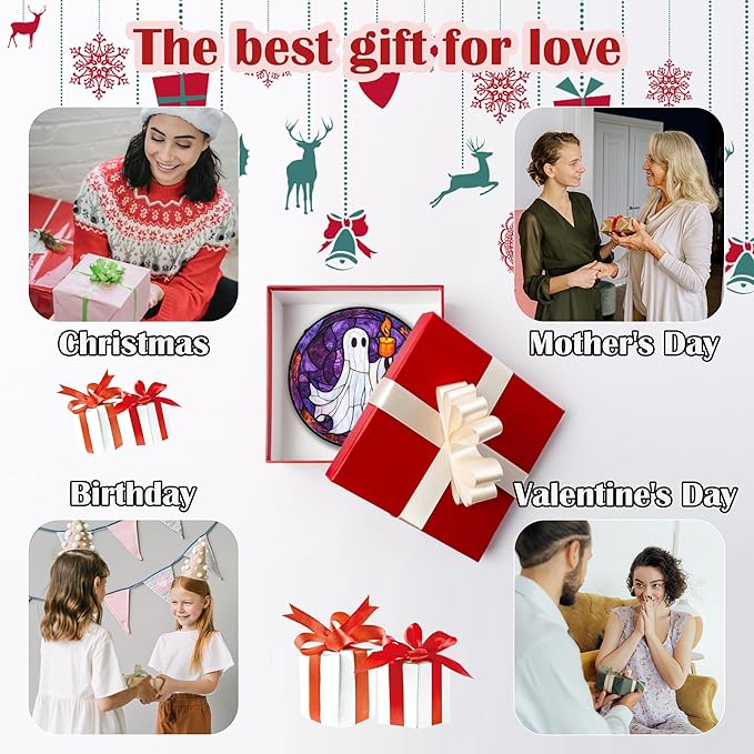 Stained Glass Window Hanging - Halloween Decorations Ghost Suncatcher for Doors Garden Indoor Spooky Funny Purple Sun Catchers Gothic Decor Horror Gifts for Women Men Friend 11.8 in