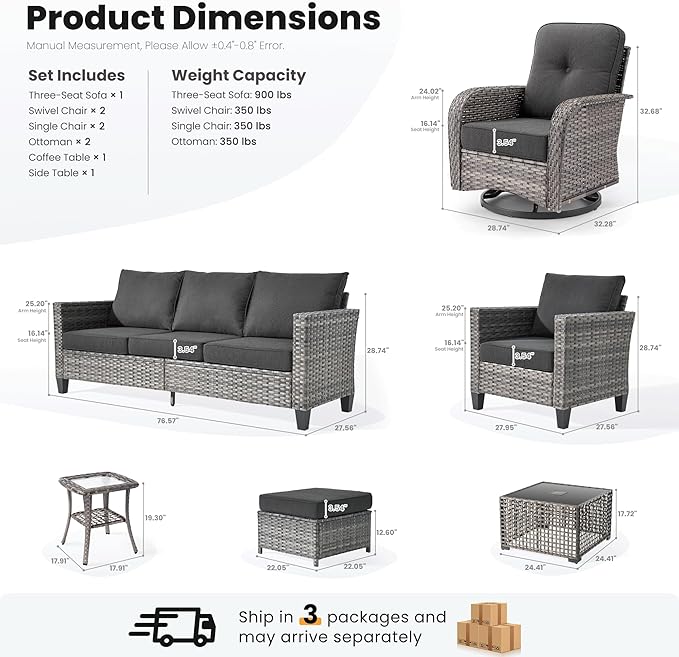 ovios 9 Pieces Patio Furniture Set, Outdoor Wicker Sofa Couch with Rocking Swivel Chairs Solar Lights Table, Modern Deep Seat Rattan Conversation Sets for Porch Deck, Black