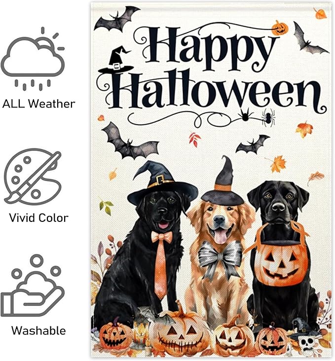 ChloropLastid Happy Halloween Dogs Garden Flag Double Sided for Outside 12x18 Inch Pumpkin Holiday Yard Decorations Burlap Outdoor Garden Flags