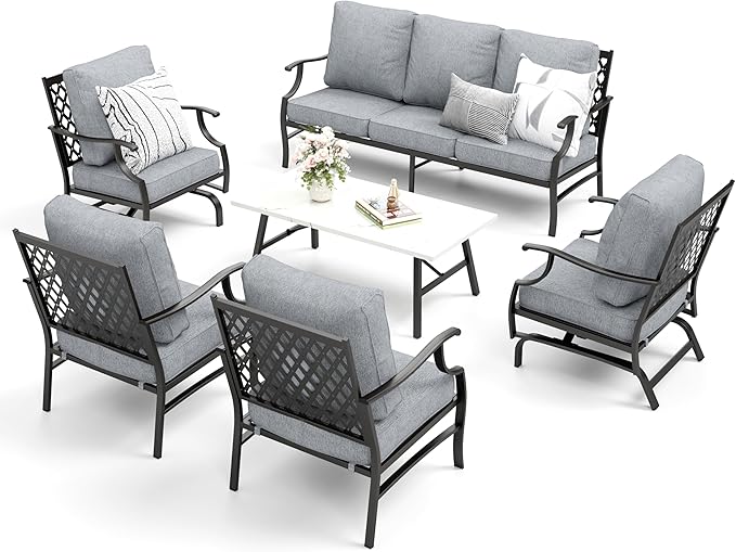Patio Furniture Set 6 pcs, Outdoor Patio Furniture, 1 X 3-Seat Sofa, 2 X Single Chairs, 2 X Rocker Chairs, 1 X Coffee Table and 5.75" Extra Thick Cushion, Patio Conversation Set,Grey