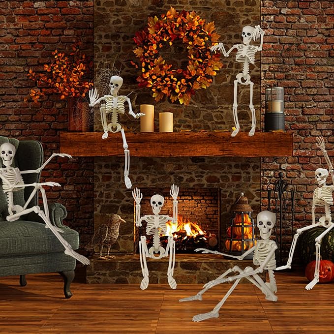 6PCS Halloween Skeleton Decorations Indoor Outdoor - 16" Full Skull Body with Movable Joint Skeleton for Halloween Indoor Outdoor Party Decor Spooky Scary Yard Lawn Garden Patio Haunted House