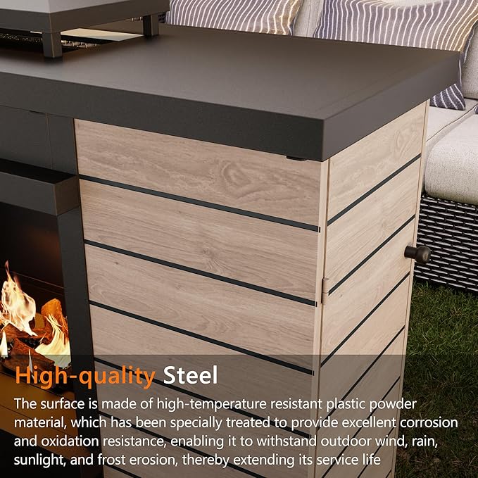 63.0''x37.6'' Outdoor Propane Fireplace, 50,000 BTU Vent-Free Gas Heater, CSA Certified Grey & Black Weather-Resistant Steel, Realistic Ceramic Logs, Rain Cover Included