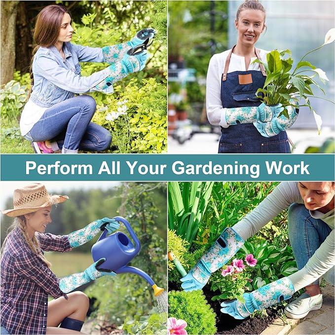 DLY Gardening Gloves for Women, Rose Gloves Gardening Thorn Proof, Long Garden Gloves for Women, Breathable & Durable Leather Gauntlet(Medium, Light Blue)