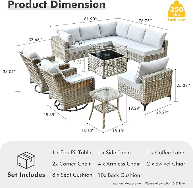 HOOOWOOO Outdoor Patio Furniture Set,10 Pieces Wicker Out Door Sectional Furniture L Shaped Couch,Patio Conversation Sets with Swivel Rocking Chair LED Table,Light Gray