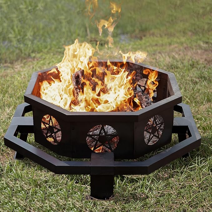 43 Inch Octagonal Fire Pit with Cooking Grill,Outdoor Wood Burning Fire Pit for Camping Outside Picnic Bonfire,Heavy Duty Firepit for Backyard Garden Patio