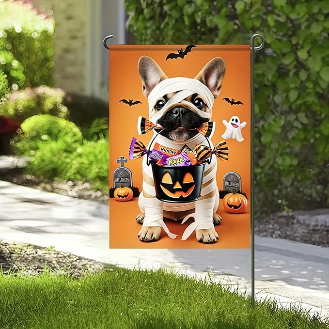 Halloween Decorations Outdoor Garden Flag 12x18 Inch Double Sided French Bulldog Dog Pumpkin Ghost Fall Decor Yard Lawn Porch Patio Halloween Garden Flags