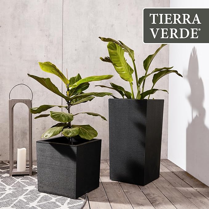 Tierra Verde Indoor & Outdoor Self-Watering Square Planter, Citadel Horizon, 13.5" x 26", Black - Planting Containers for Plants and Flowers - Gardening and Landscaping Accessories