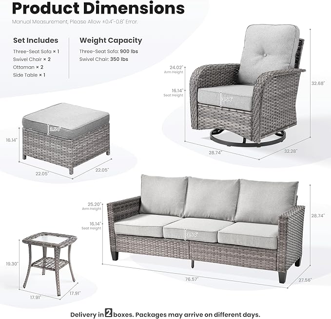 ovios 6 Pieces Patio Furniture Set, Outdoor Wicker Sofa Couch with Rocking Swivel Chairs Comfy Cushions, Modern Deep Seat Rattan Conversation Sets for Porch Deck, Dark Grey