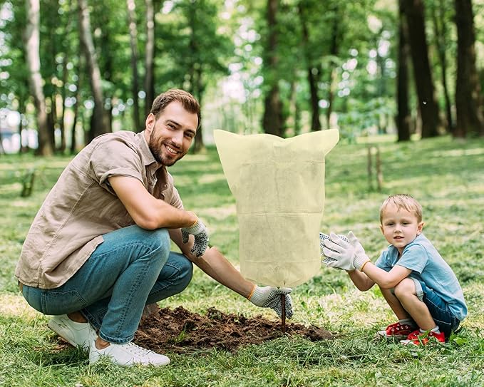 EAONE 12 Pack Plant Covers Freeze Protection, 24x32'' Winter Frosts Cloth for Outdoor Plants, Reusable Frost Blankets Drawstring Bags for Cold Freeze Sun Protection Bird Insect Prevention,Beige