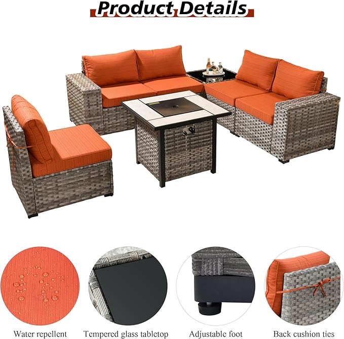 HOOOWOOO Modular Patio Outdoor Sectional Furniture Set with Gas Propane Fire Pit Table,7 Piece Wicker Conversation Sofa Set,Out Door Couch Set with Wide Arm Outside(Orange Red)