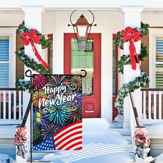 Happy New Year Garden Flag New Year Eve Yard Flags Double Sided American Flag Fireworks House Banner Balloon Holiday Celebration Party Garden Flags for Winter Festival Greetting 12x18 Inch