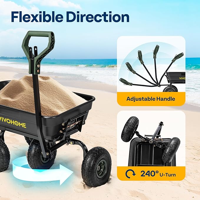 VIVOHOME 4 Cu.Ft 660lbs Wheelbarrow Garden Cart Dump Wagon with 2-in-1 Convertible Handle Attach to ATV or Tractor, 10" All Terrain Wheels, Quick Release System, Heavy Duty Utility Trailer for Yard