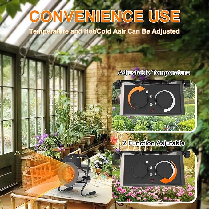 Greenhouse Heater with Thermostat, 1500W Outdoor Heater with Fast Heating, Overheat Protection, Grow Tent Heat for Greenhouse, Garden, Flower Room