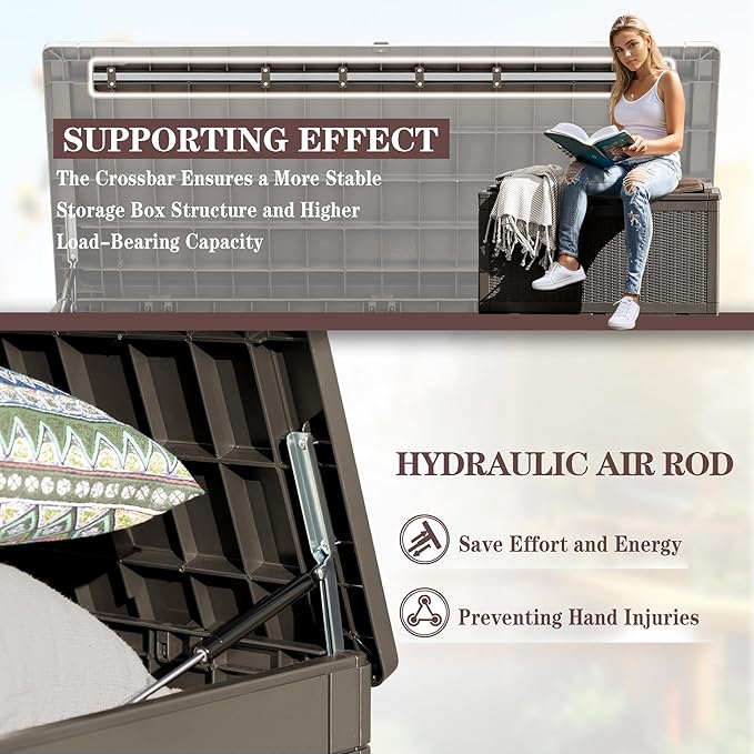 Greesum 100 Gallon Resin Deck Box Large Outdoor Storage Boxes with Cushions for Garden Tools, Patio Furniture Pillows, Pool Supplies, Light Coffee