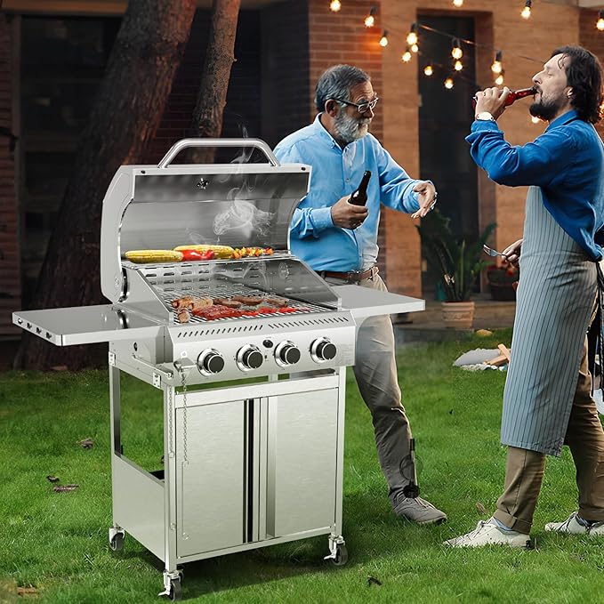 R.W. FLAME Propane Gas Grill Barbecue Grill, 4 Wheels, 4 Burner Cart Style Liquid BBQ Grill, Metal Cooking Grill