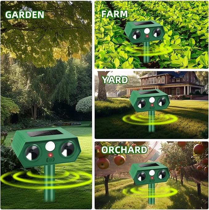 2025 4Pack Deer Repellent Device Solar Animal Repeller Cat Repellent Outdoor Ultrasonic Animal Repellent with Motion Detection to Scare Coyote Rabbit Squirrel Skunk Dog Fox Raccoon