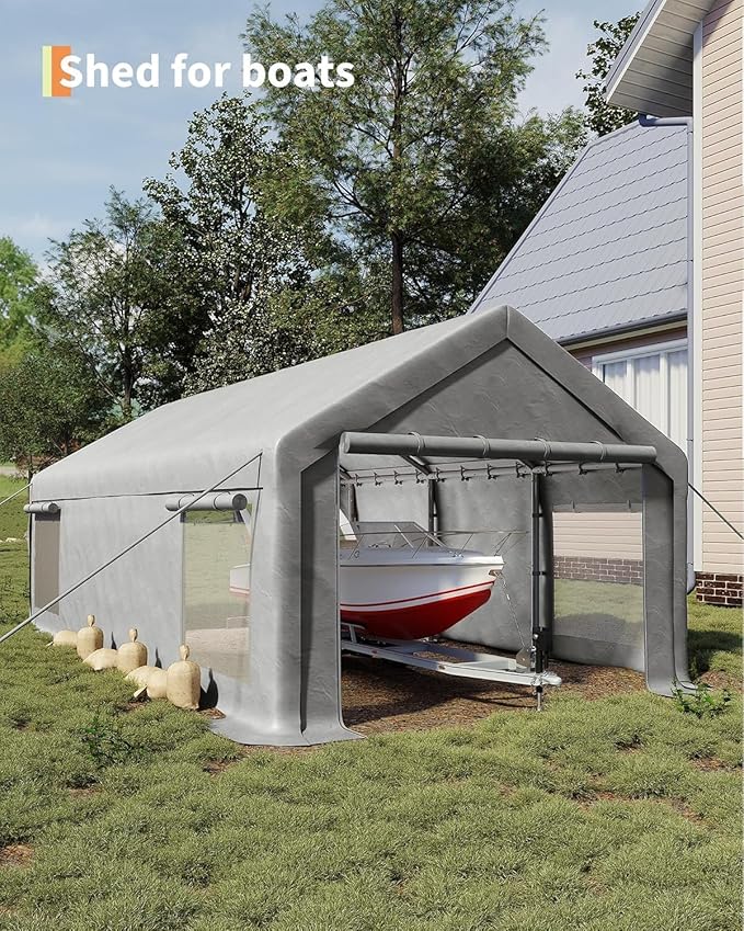 13 x 25FT Heavy Duty Carport with Roll-Up Windows, Portable Garage with Removable Sidewalls & Doors, Portable Car Tent Garage with Roll-Up Windows and All-Season Tarp, for Car, Truck,