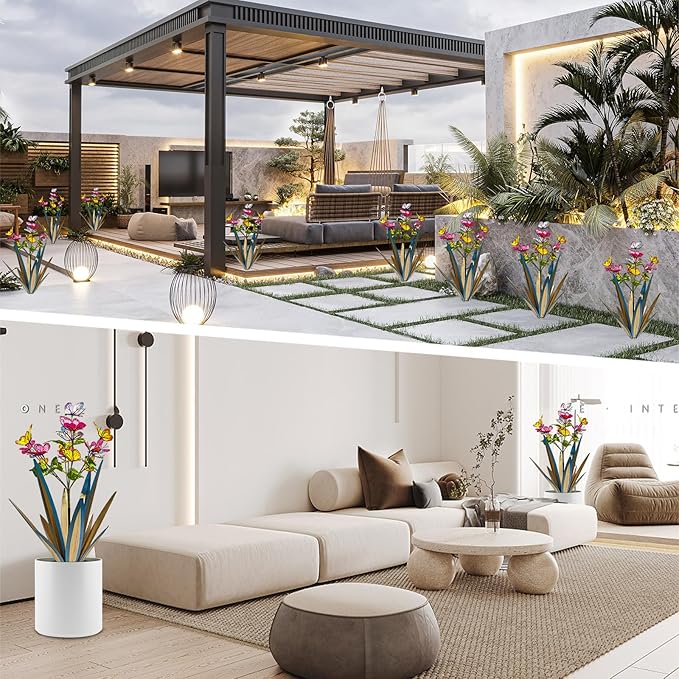 TOMBABY Garden Outdoor Butterfly Enlarge Thickened Wind Resistant Metal Agave Garden Art Metal Plant Country Sculpture Statue Decorations Ornaments Artificial Waterproof Butterflies (Blue 3pcs)