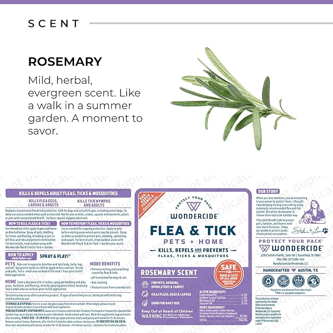 Wondercide - Flea, Tick & Mosquito Spray for Dogs, Cats, and Home - Flea and Tick Killer, Control, Prevention, Treatment - with Natural Essential Oils - Pet and Family Safe - Rosemary 32 oz