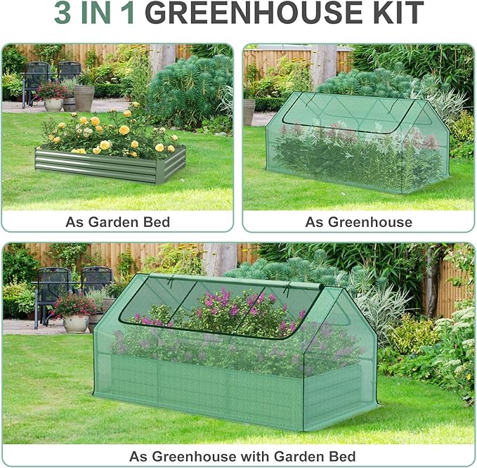 Aoodor 6 x 3 x 3 ft Raised Garden Bed with Mini Greenhouse Kit, Metal Planter Box with 2 Roll-Up Zipper Doors for Vegetables, Herbs, and Flowers
