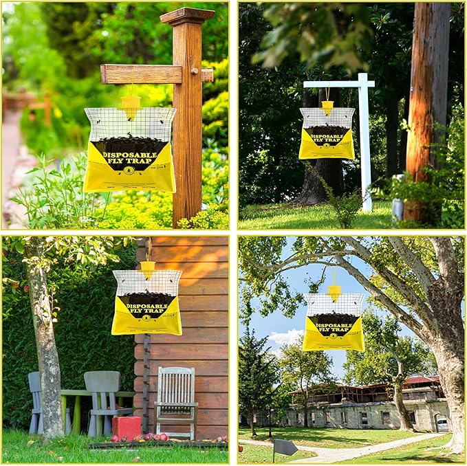 Glovv Fly Traps Outdoor Hanging with Bait, 6 Pack Disposable Flies Bags Hunter Ranch Trap, Control Bug Catcher Killer Repellent for Stable Horse Barn & Farm