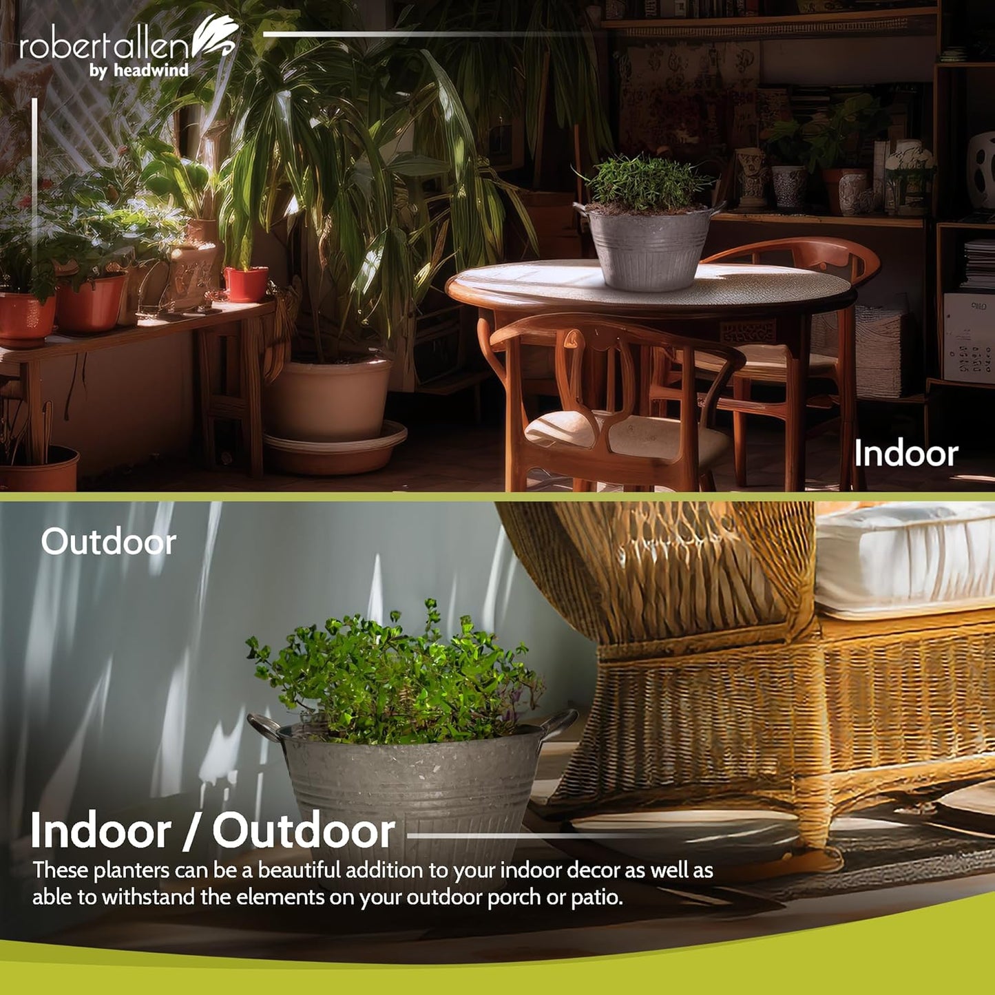 Headwind Round Galvanized Tub Planter with Handles – 10 Inch Lightweight Metal Planter with Drainage Hole – Galvanized Steel Tub for Plants - Metal Flower Pot by Robert Allen