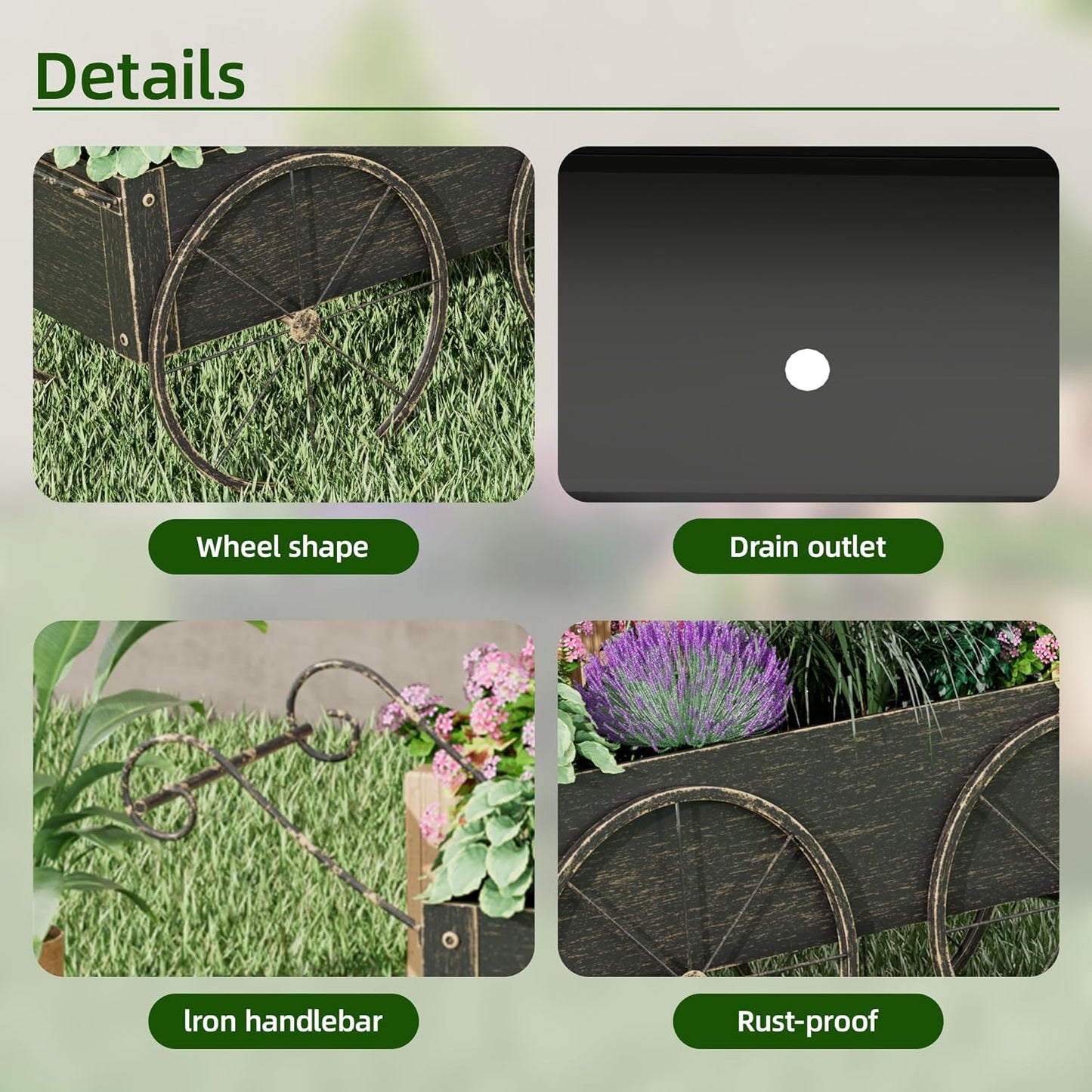 Metal Raised Garden Bed with Wagon Wheels, Small Wagon Planter Box Outdoor, Decorative Garden Planter Flower Cart for Flowers Herbs Vegetables, Patio and Balcony Decor (Golden)