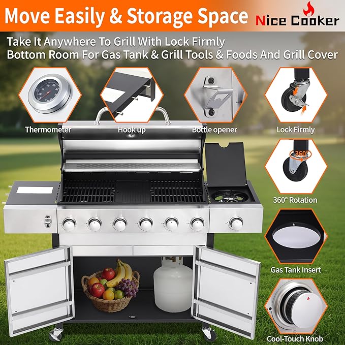 6-Burner Propane Gas BBQ Grill with Side Burner - 65850 BTU Total Output Stainless Steel Grills with Enameled Cast Iron Grill for Outdoor Backyard Barbecue, 620 SQ. IN. Cooking Area